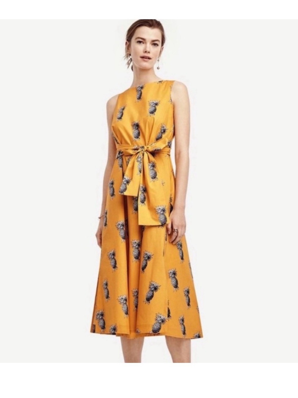 Ann Taylor Sleeveless Pineapple-Print Midi Skirt in Mustard Yellow
